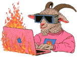 A goat coding on a burning laptop